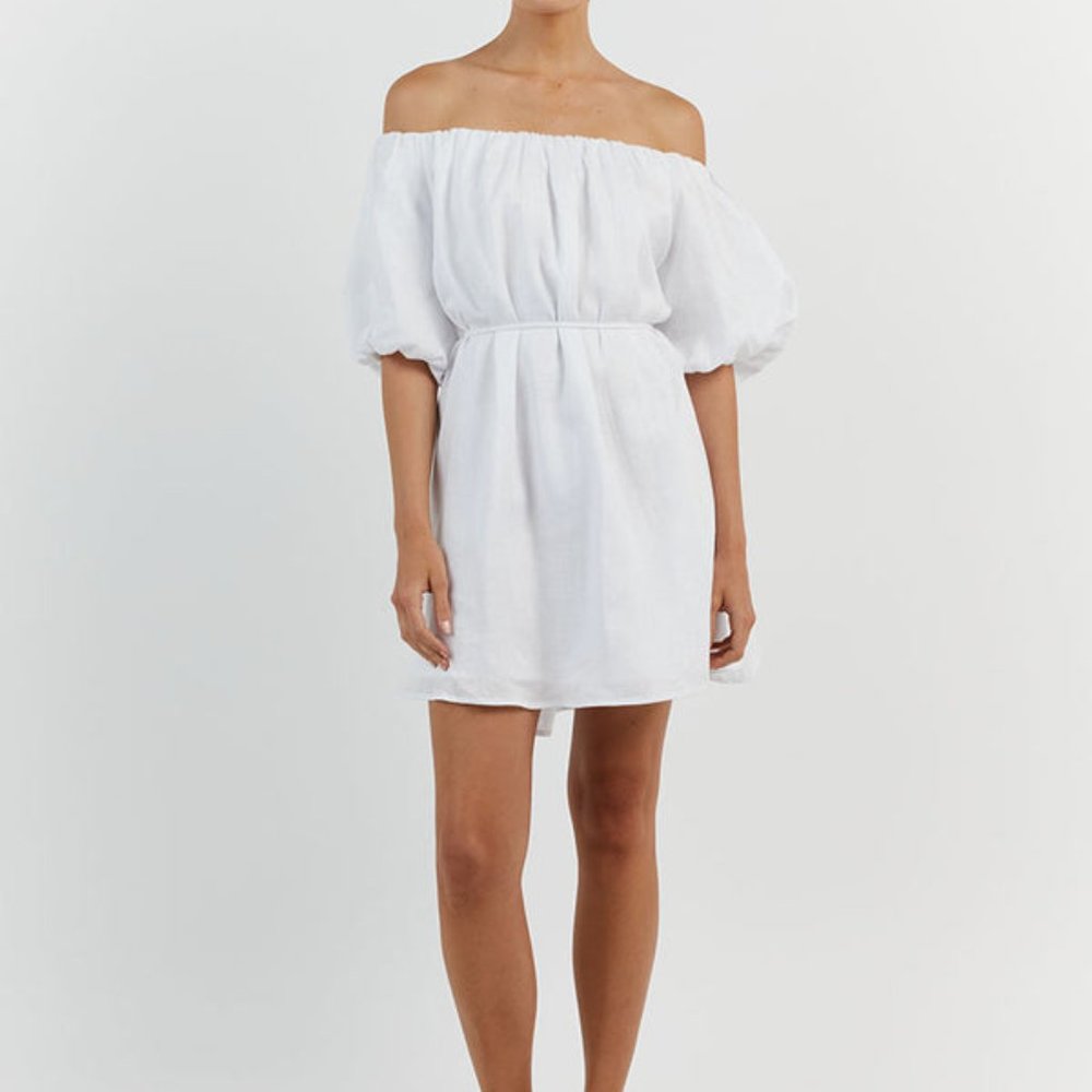 PENELOPE WHITE LINEN MINI DRESS - 4 / WHITE